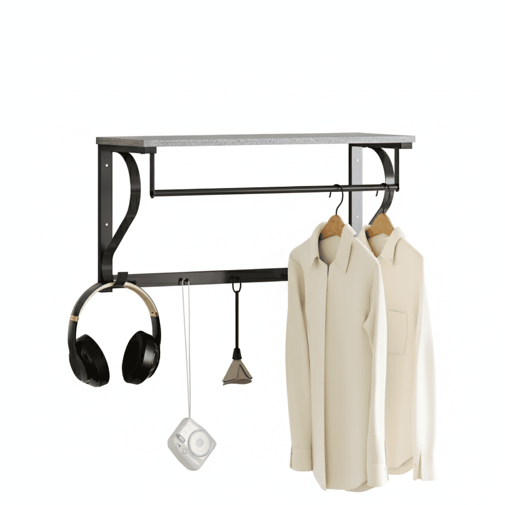 Porte-manteau mural gris 5 crochets avec rangement - Style industriel - Vue 1