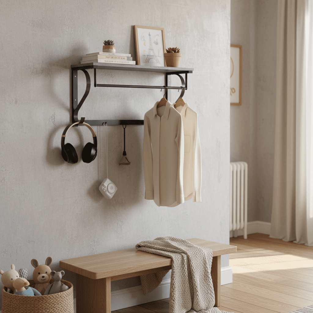 Porte-manteau mural gris 5 crochets avec rangement - Style industriel - Vue 2