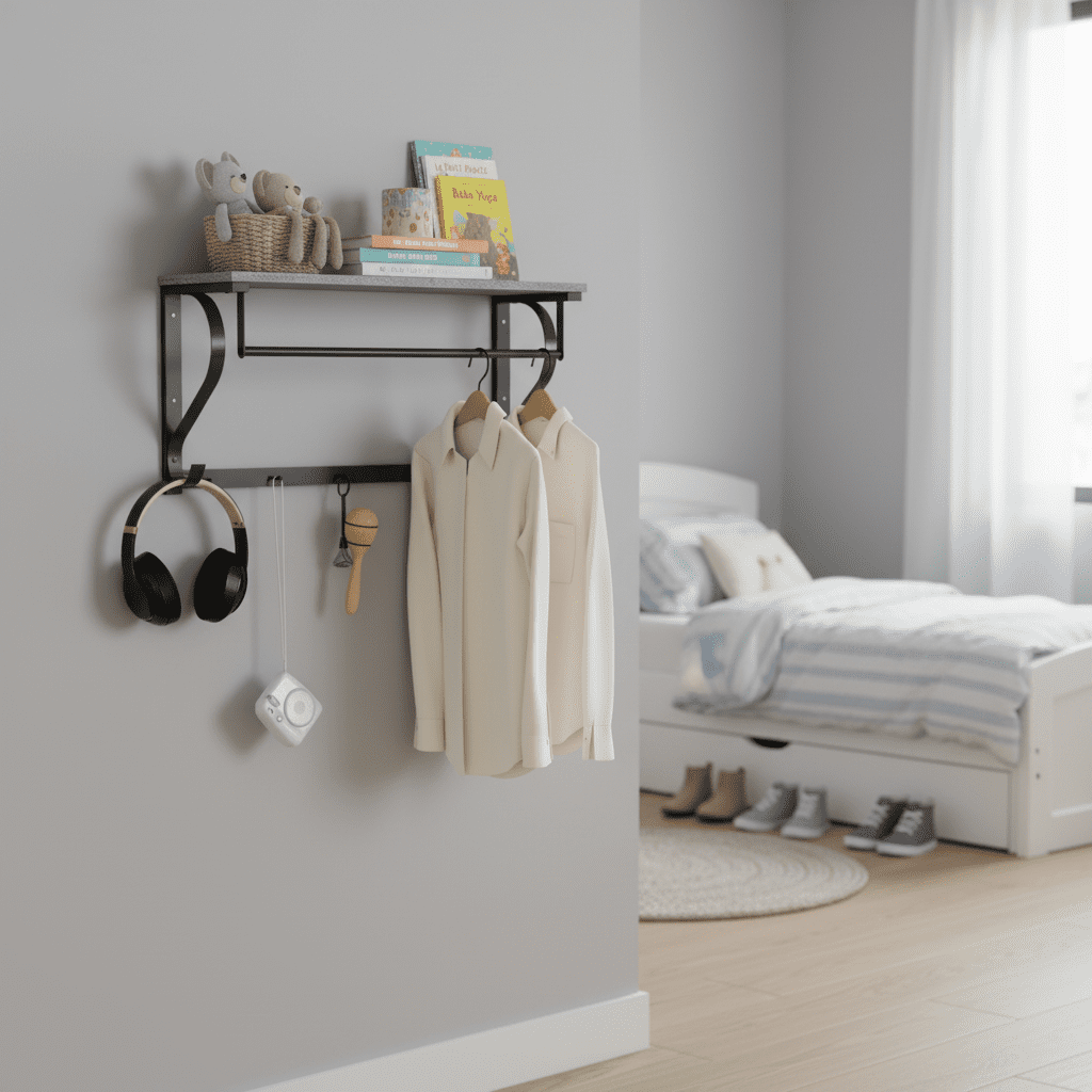 Porte-manteau mural gris 5 crochets avec rangement - Style industriel - Vue 3