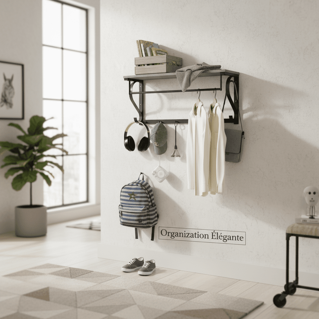 Porte-manteau mural gris 5 crochets avec rangement - Style industriel - Vue 4