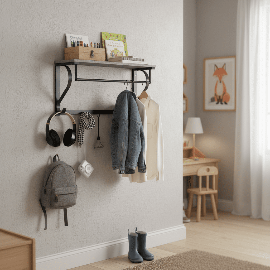 Porte-manteau mural gris 5 crochets avec rangement - Style industriel - Vue 5