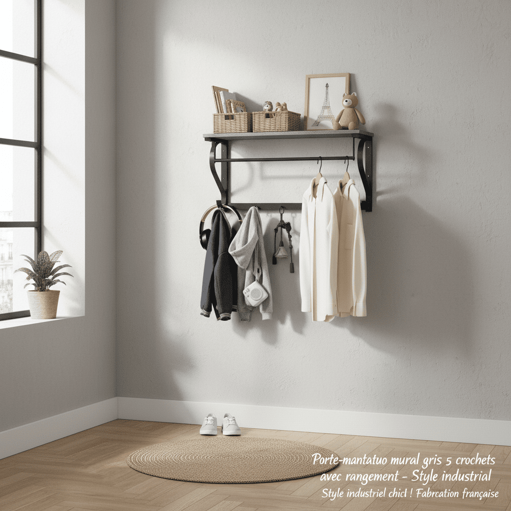 Porte-manteau mural gris 5 crochets avec rangement - Style industriel - Vue 6
