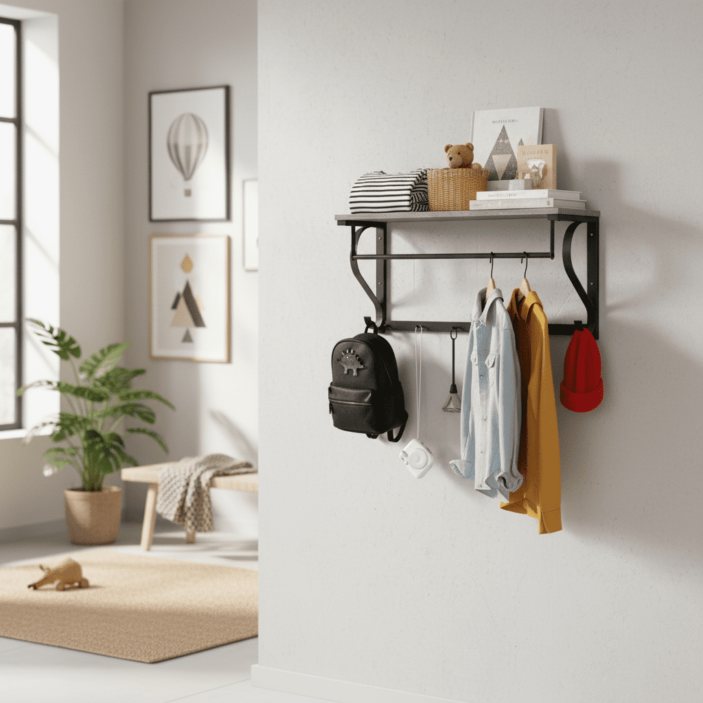 Porte-manteau mural gris 5 crochets avec rangement - Style industriel - Vue 7