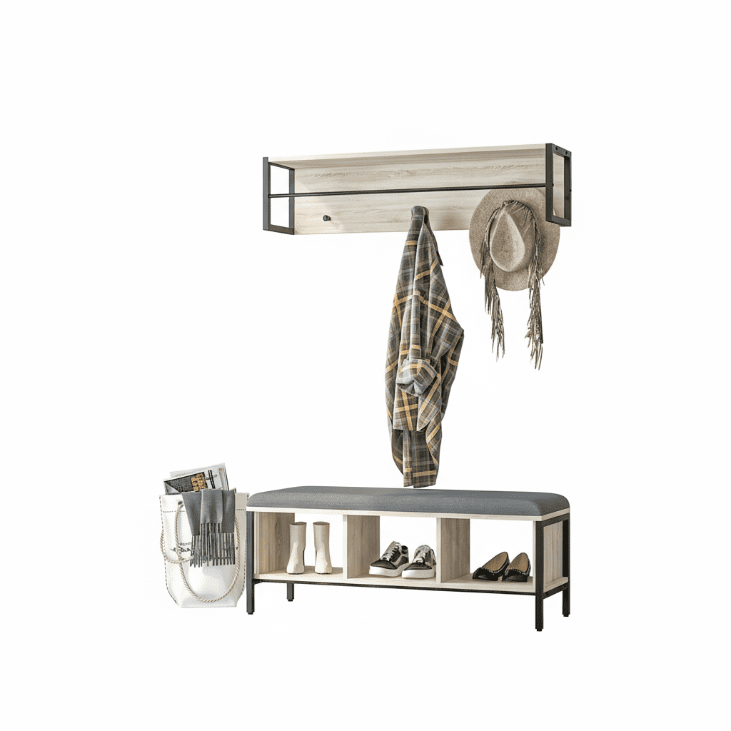 Ensemble vestiaire d'entrée banc chaussures porte-manteau naturel - Vue 1