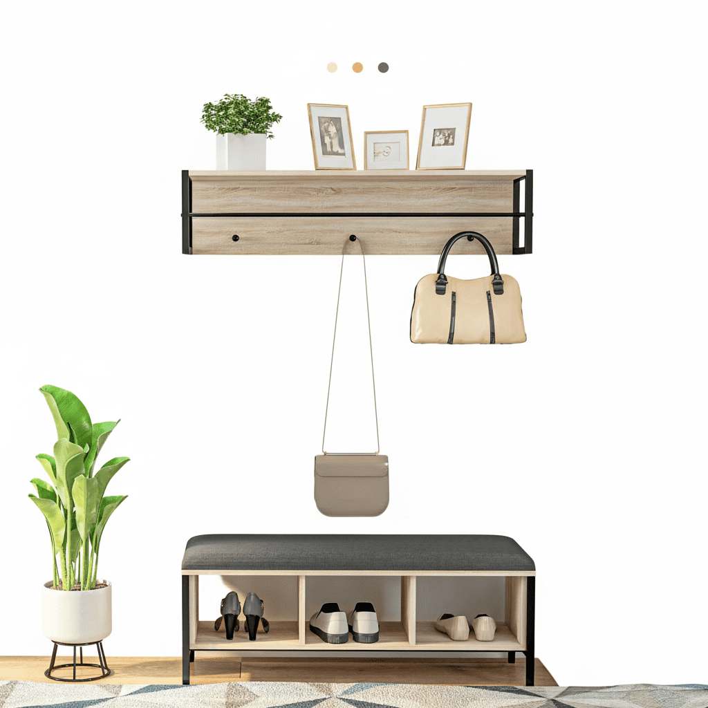 Ensemble vestiaire d'entrée banc chaussures porte-manteau naturel - Vue 2