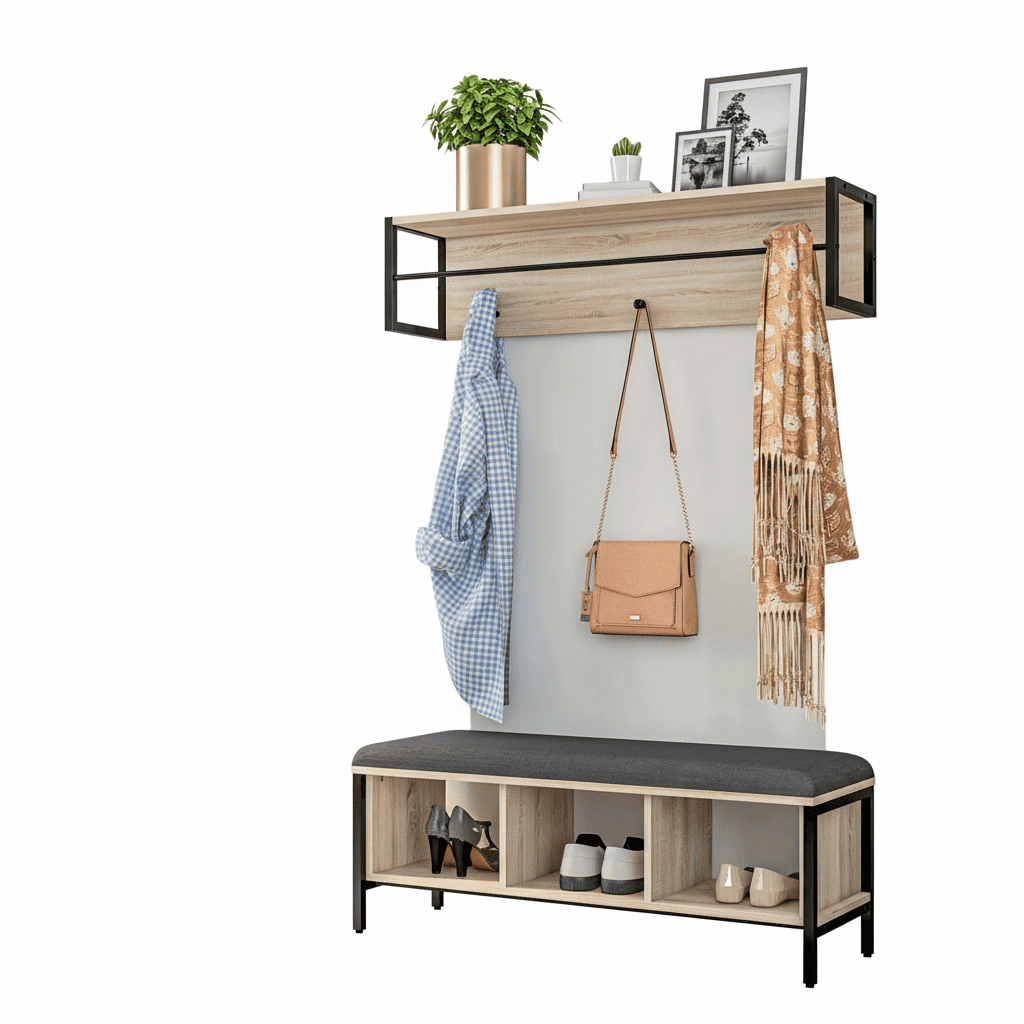 Ensemble vestiaire d'entrée banc chaussures porte-manteau naturel - Vue 6