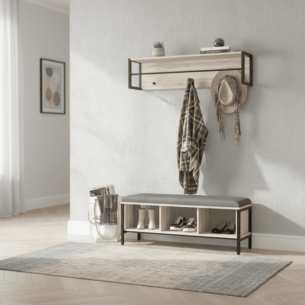 Ensemble vestiaire d'entrée banc chaussures porte-manteau naturel - Vue 7