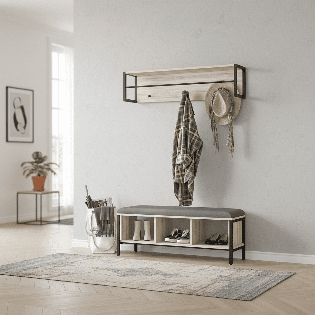 Ensemble vestiaire d'entrée banc chaussures porte-manteau naturel - Vue 8