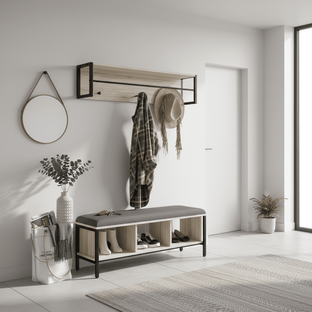 Ensemble vestiaire d'entrée banc chaussures porte-manteau naturel - Vue 9