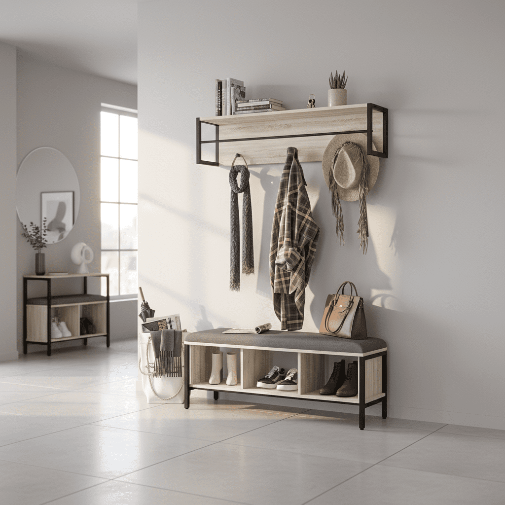 Ensemble vestiaire d'entrée banc chaussures porte-manteau naturel - Vue 10