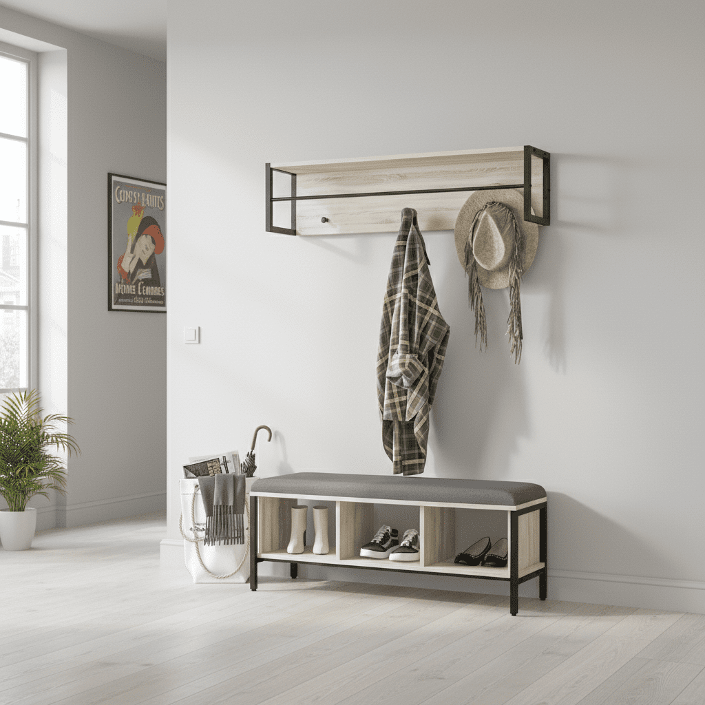 Ensemble vestiaire d'entrée banc chaussures porte-manteau naturel - Vue 11