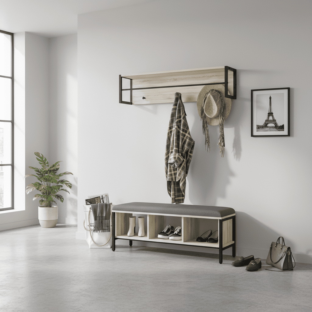Ensemble vestiaire d'entrée banc chaussures porte-manteau naturel - Vue 12