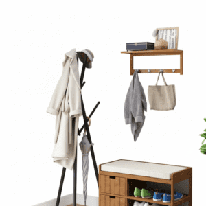 Porte-manteau mural bois naturel 4 crochets + étagère 50cm - Vue 1