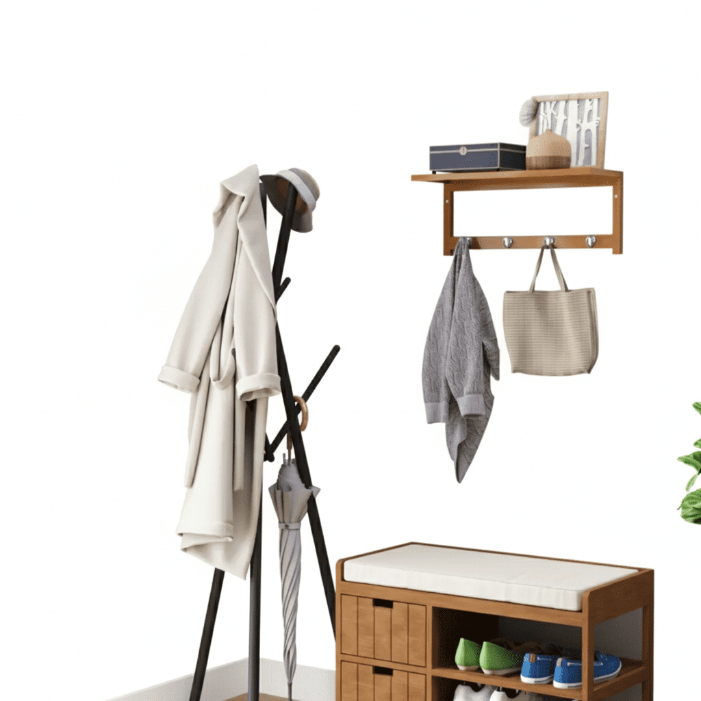 Porte-manteau mural bois naturel 4 crochets + étagère 50cm - Vue 1
