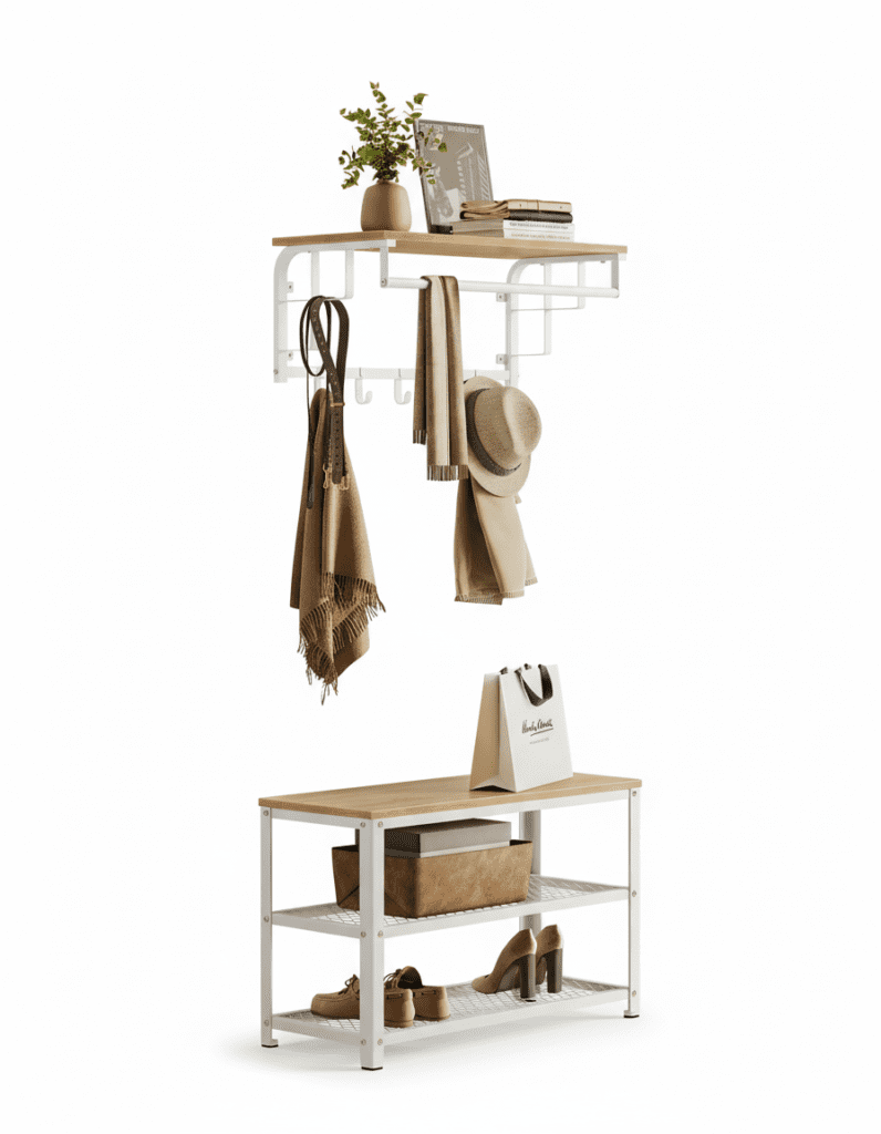 Porte-manteau mural 3-en-1 avec étagère et tringle - Chêne doré - Vue 1