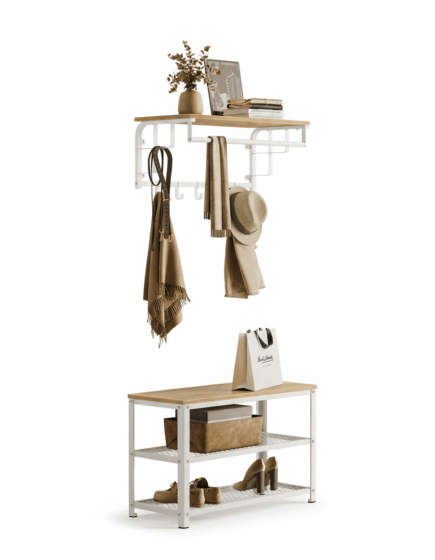 Porte-manteau mural 3-en-1 avec étagère et tringle - Chêne doré - Vue 1