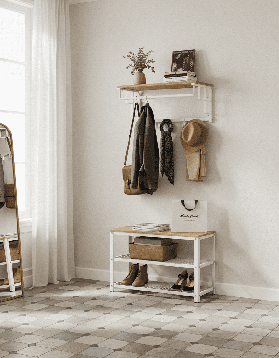 Porte-manteau mural 3-en-1 avec étagère et tringle - Chêne doré - Vue 7