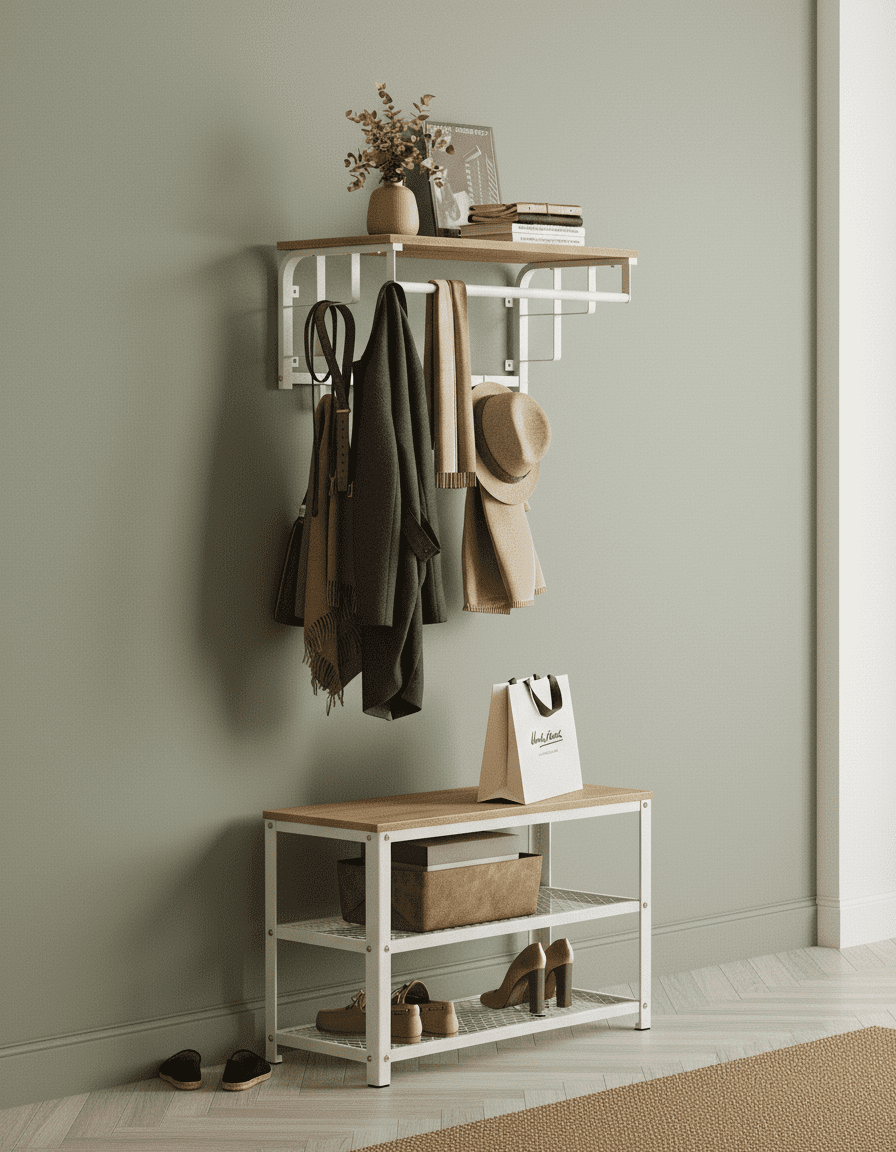 Porte-manteau mural 3-en-1 avec étagère et tringle - Chêne doré - Vue 8