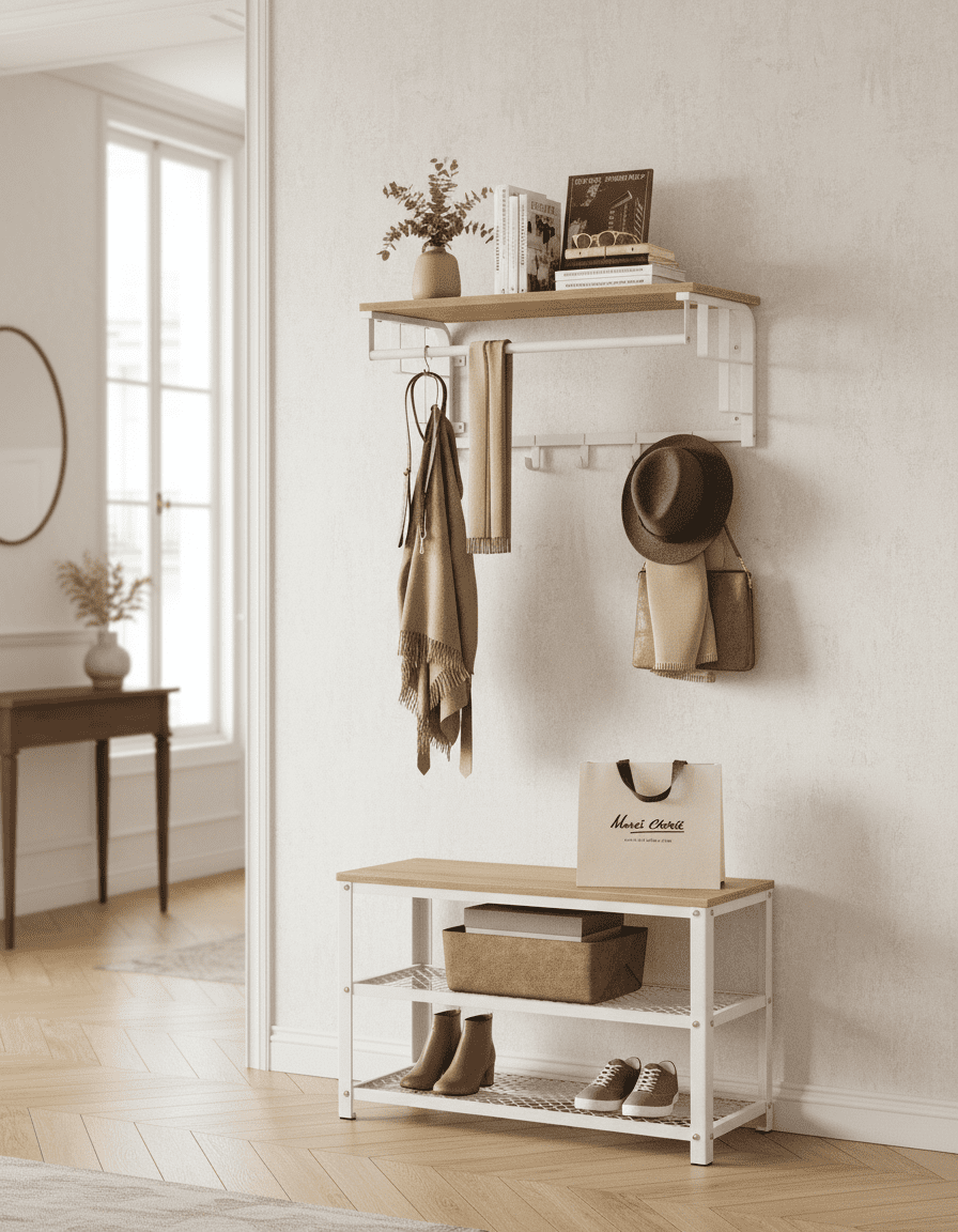 Porte-manteau mural 3-en-1 avec étagère et tringle - Chêne doré - Vue 9