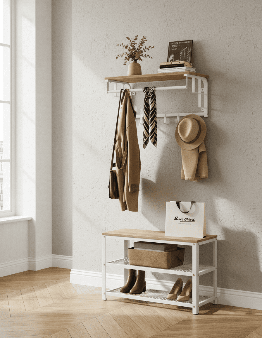 Porte-manteau mural 3-en-1 avec étagère et tringle - Chêne doré - Vue 10