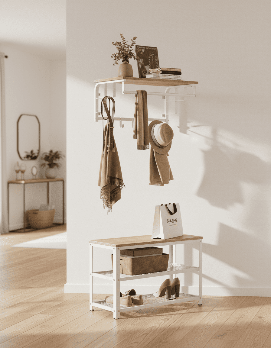 Porte-manteau mural 3-en-1 avec étagère et tringle - Chêne doré - Vue 11