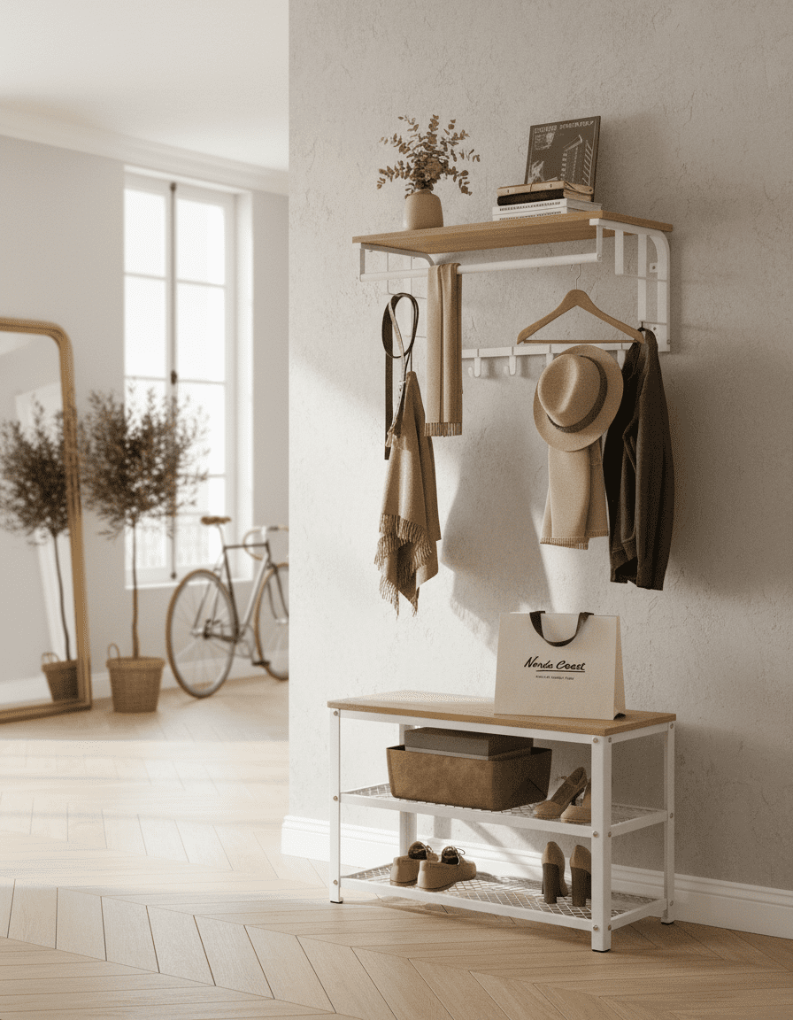 Porte-manteau mural 3-en-1 avec étagère et tringle - Chêne doré - Vue 12