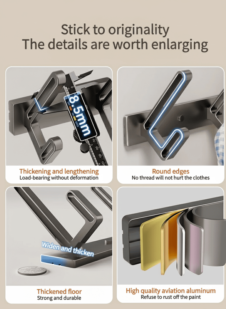 Porte-manteau mural aluminium 6 crochets sans perçage salle de bain - Vue 5