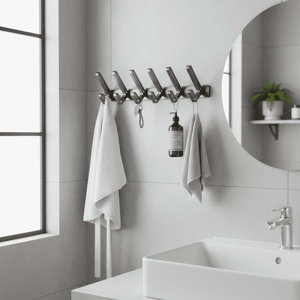 Porte-manteau mural aluminium 6 crochets sans perçage salle de bain - Vue 7