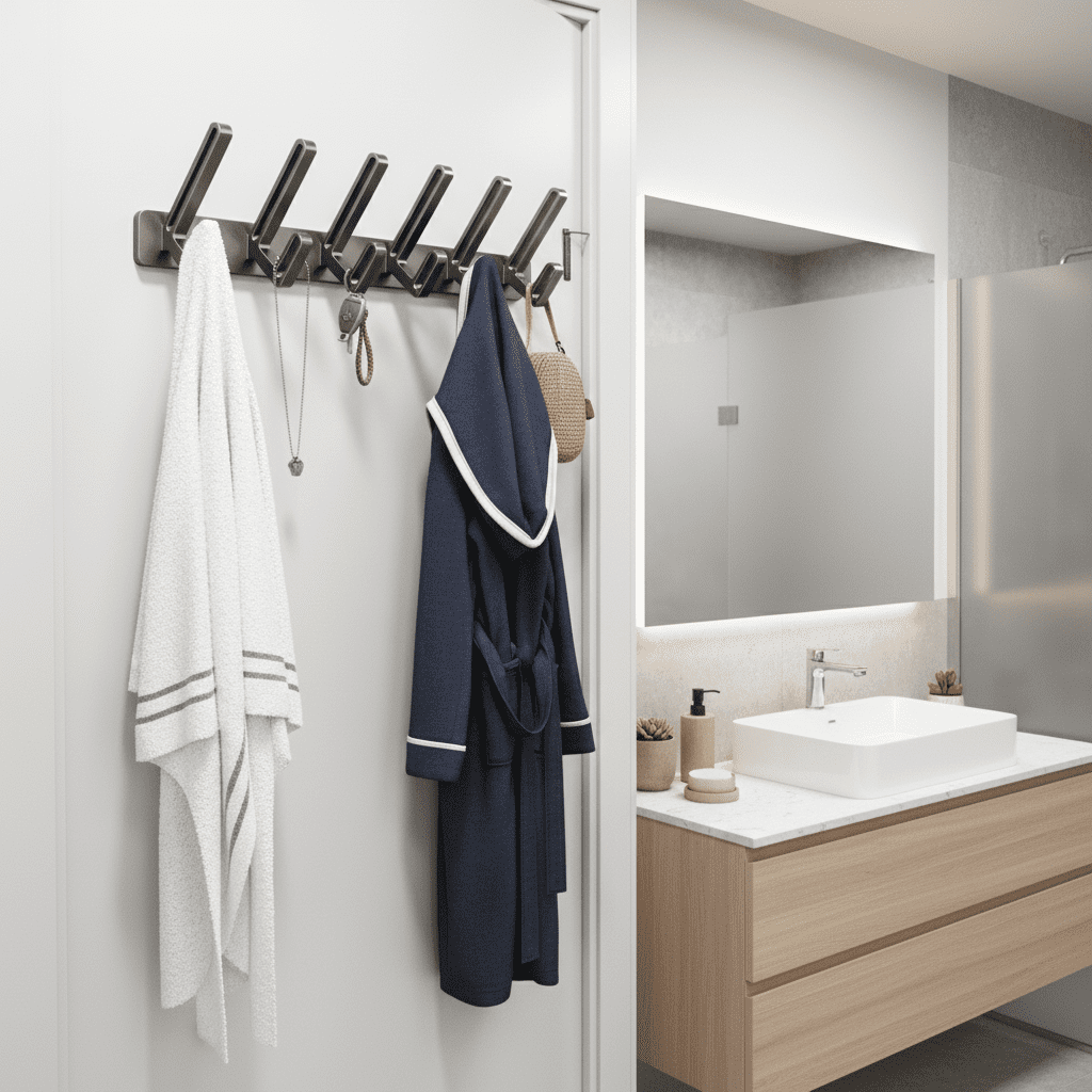 Porte-manteau mural aluminium 6 crochets sans perçage salle de bain - Vue 8