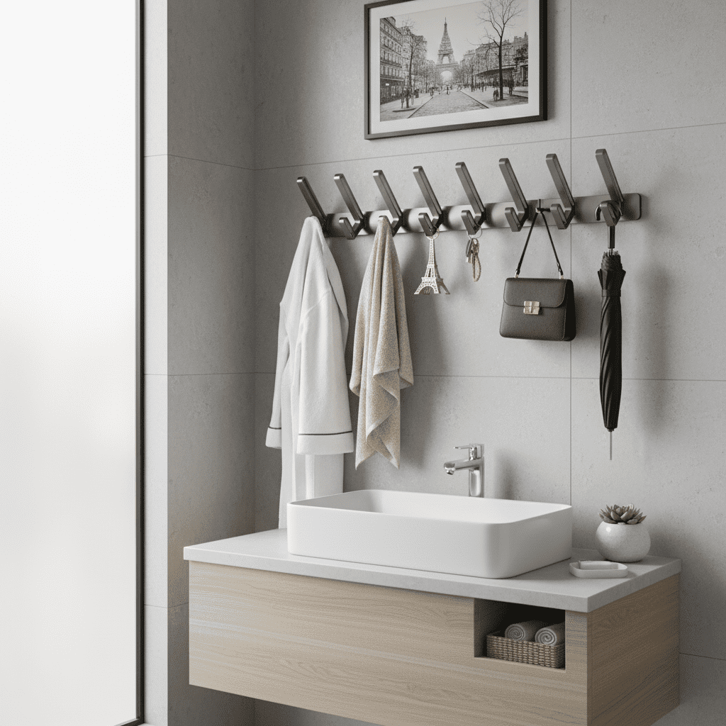 Porte-manteau mural aluminium 6 crochets sans perçage salle de bain - Vue 9