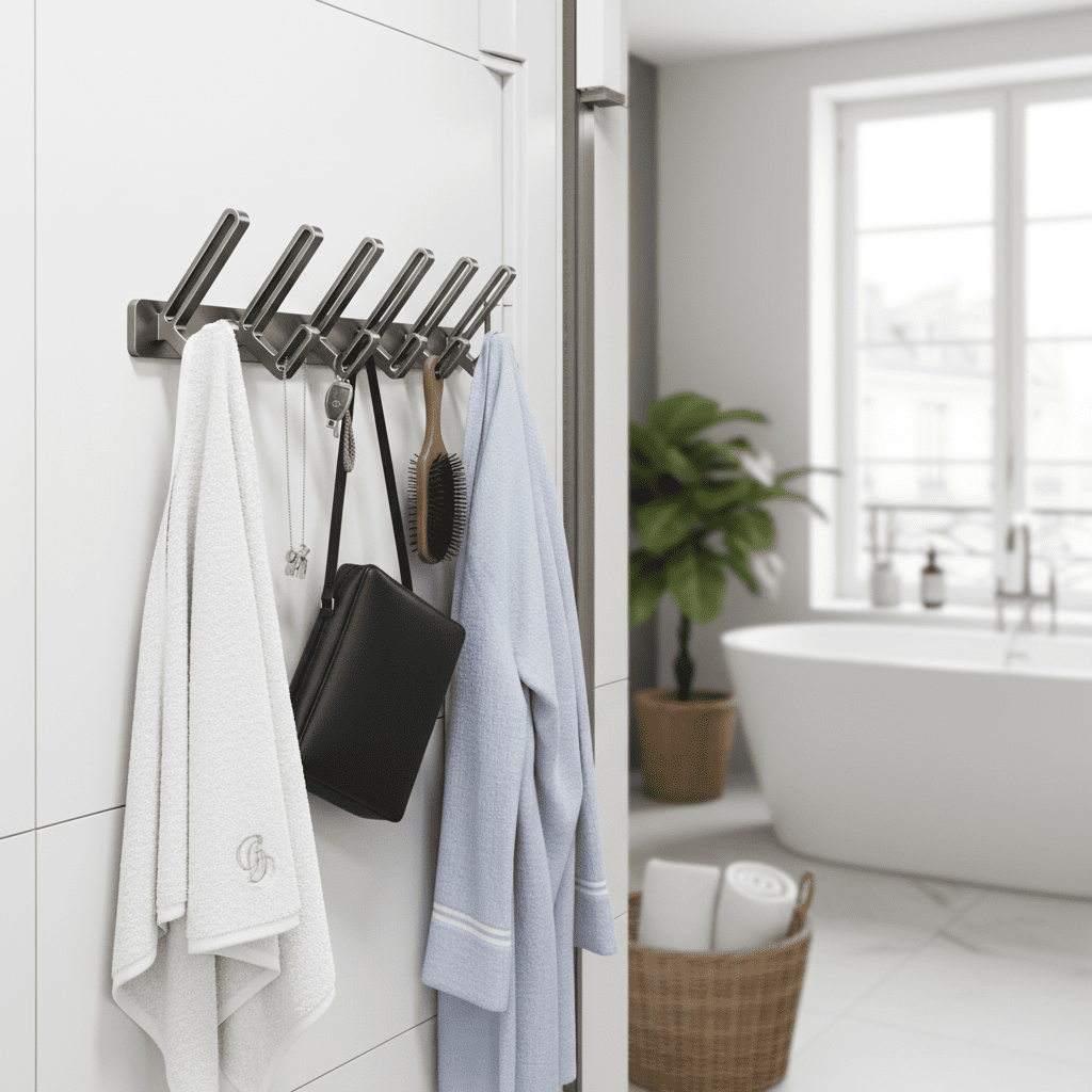 Porte-manteau mural aluminium 6 crochets sans perçage salle de bain - Vue 11