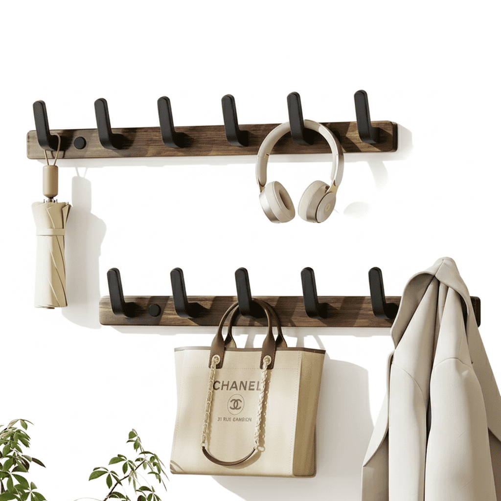 Porte-manteau mural noyer 8 crochets - Rangement entrée moderne - Vue 2