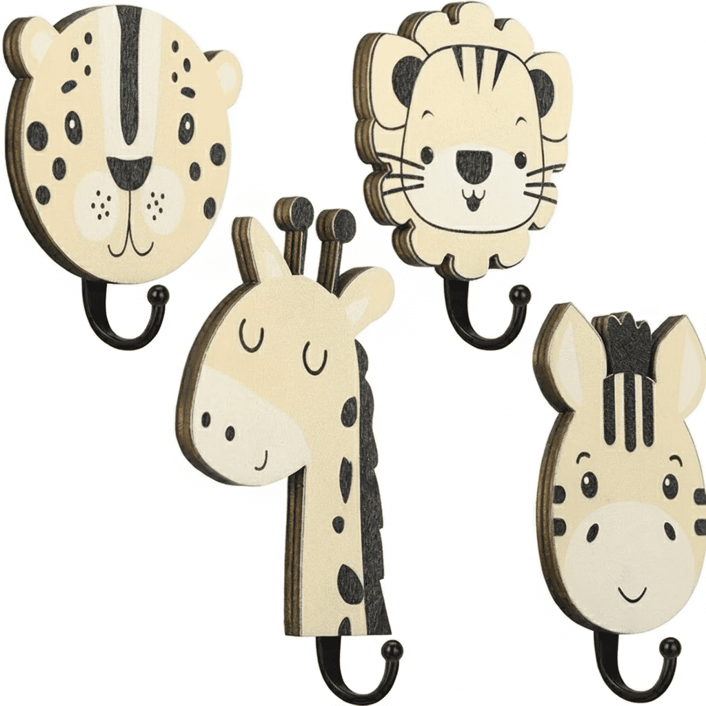 Lot de 4 crochets muraux animaux jungle en bois - Lion déco - Vue 1