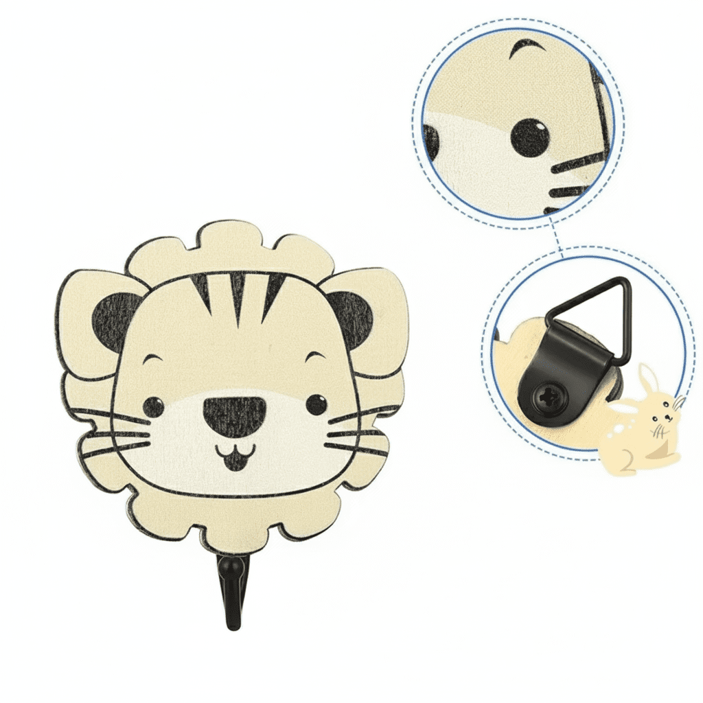 Lot de 4 crochets muraux animaux jungle en bois - Lion déco - Vue 2