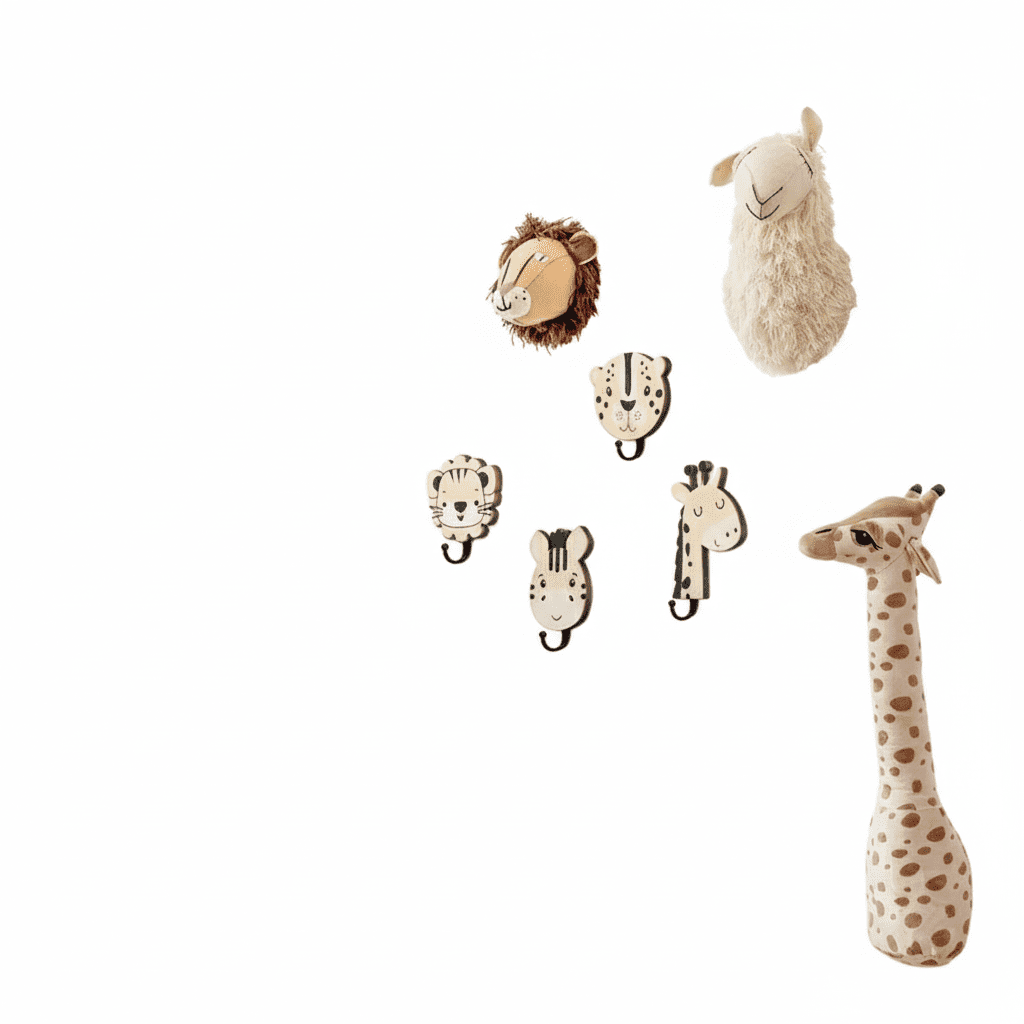 Lot de 4 crochets muraux animaux jungle en bois - Lion déco - Vue 4