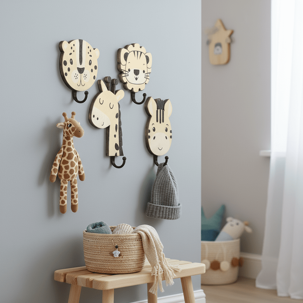 Lot de 4 crochets muraux animaux jungle en bois - Lion déco - Vue 6