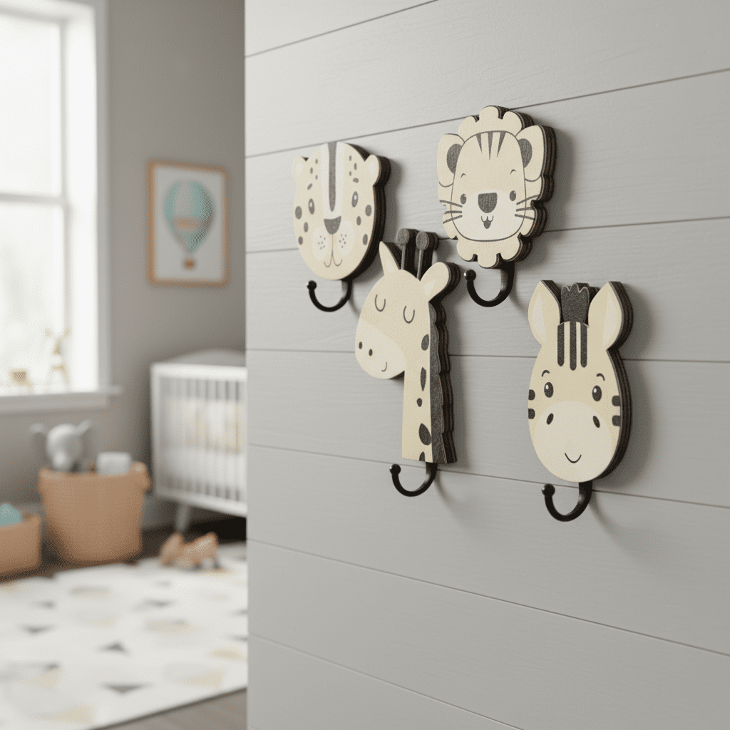 Lot de 4 crochets muraux animaux jungle en bois - Lion déco - Vue 7