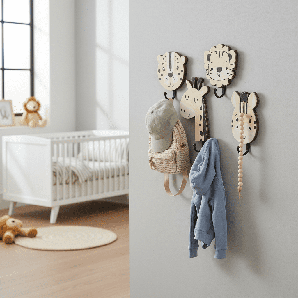 Lot de 4 crochets muraux animaux jungle en bois - Lion déco - Vue 8