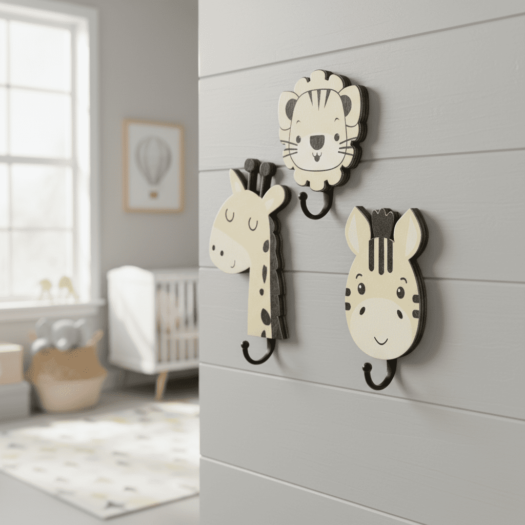 Lot de 4 crochets muraux animaux jungle en bois - Lion déco - Vue 9
