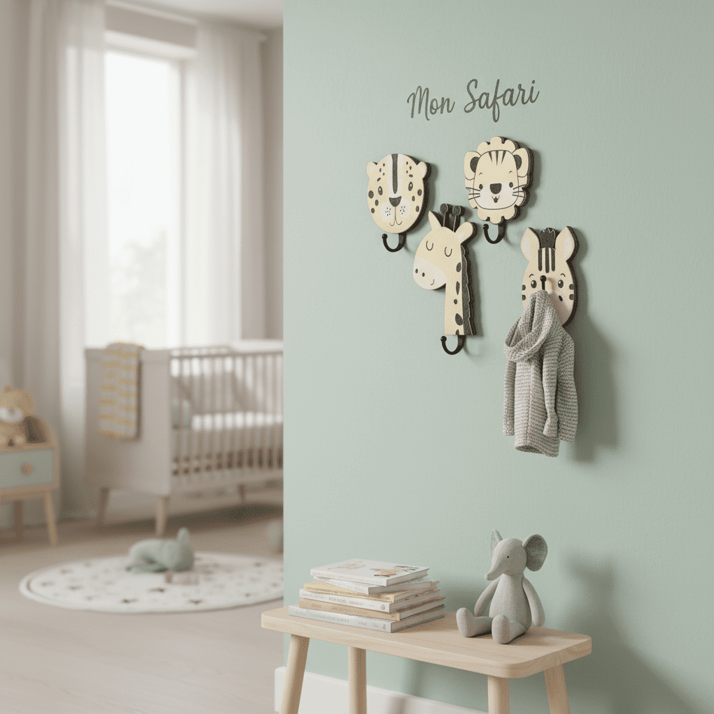 Lot de 4 crochets muraux animaux jungle en bois - Lion déco - Vue 10