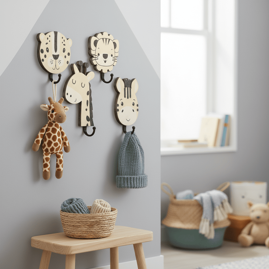 Lot de 4 crochets muraux animaux jungle en bois - Lion déco - Vue 11