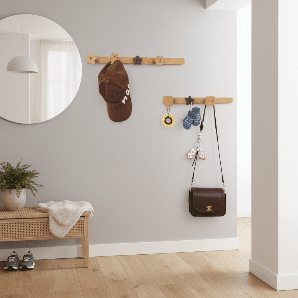 Porte-manteau mural bois massif - Crochets déco enfant couloir - Vue 2