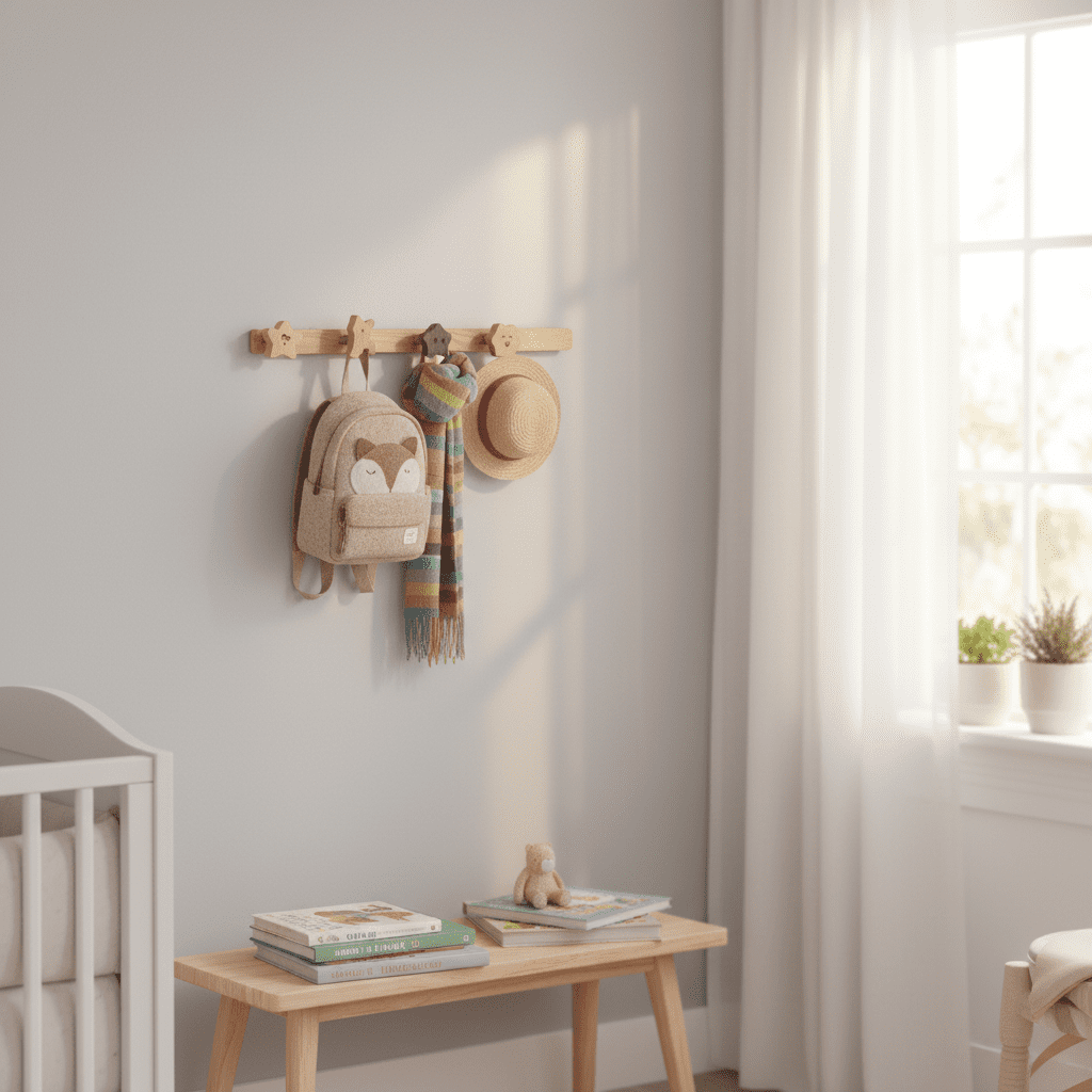 Porte-manteau mural bois massif - Crochets déco enfant couloir - Vue 3