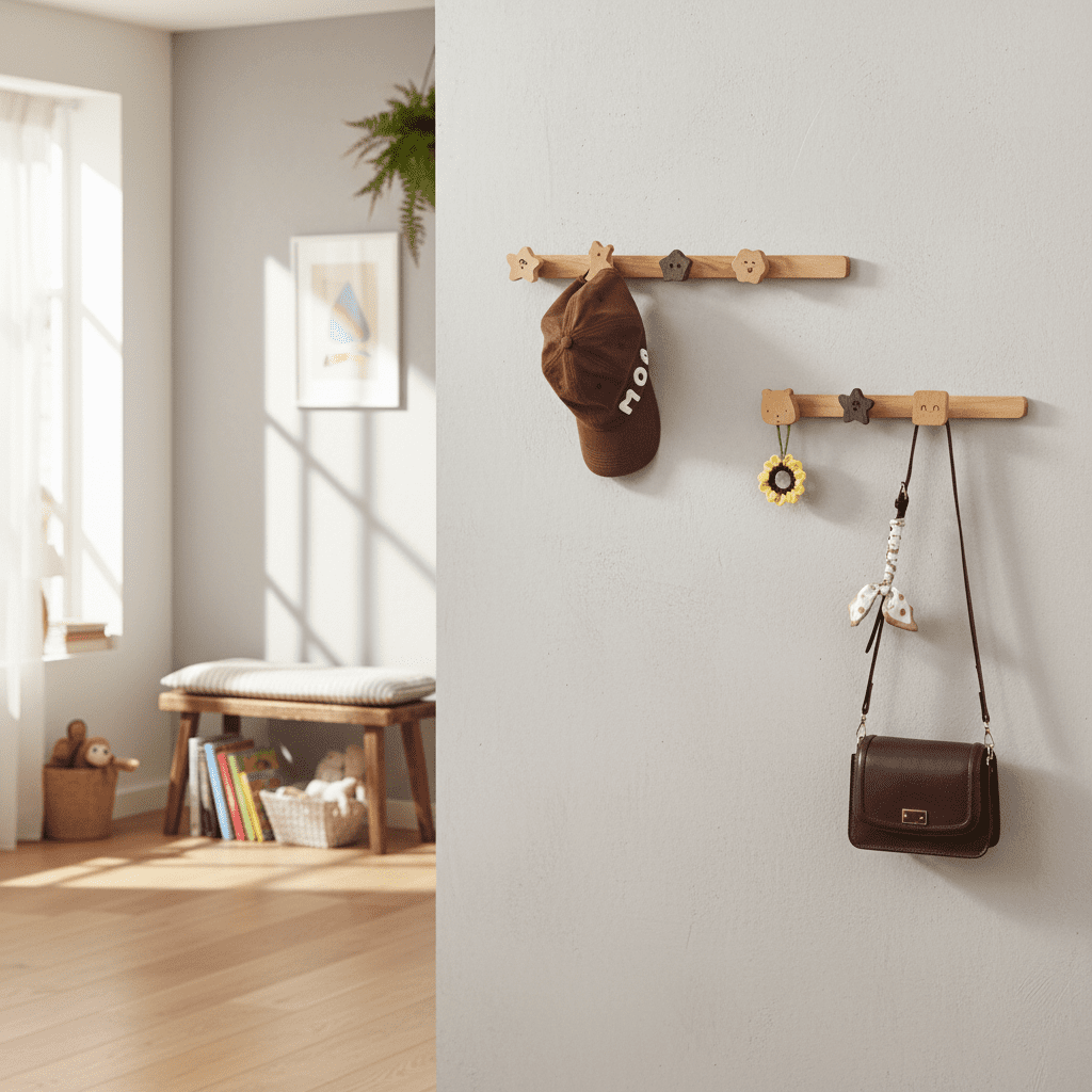 Porte-manteau mural bois massif - Crochets déco enfant couloir - Vue 4