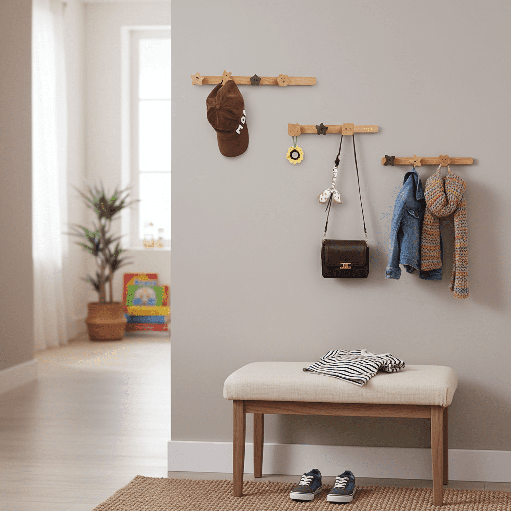 Porte-manteau mural bois massif - Crochets déco enfant couloir - Vue 5