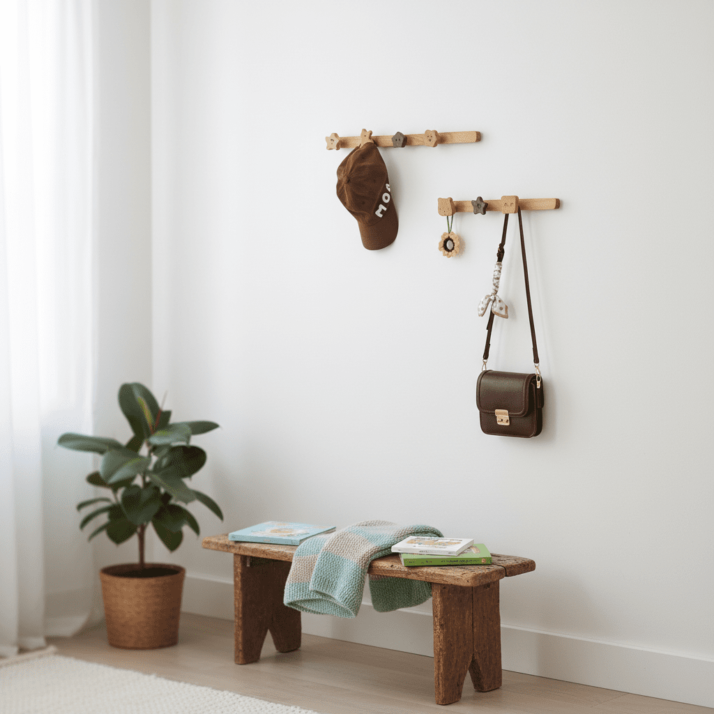 Porte-manteau mural bois massif - Crochets déco enfant couloir - Vue 6