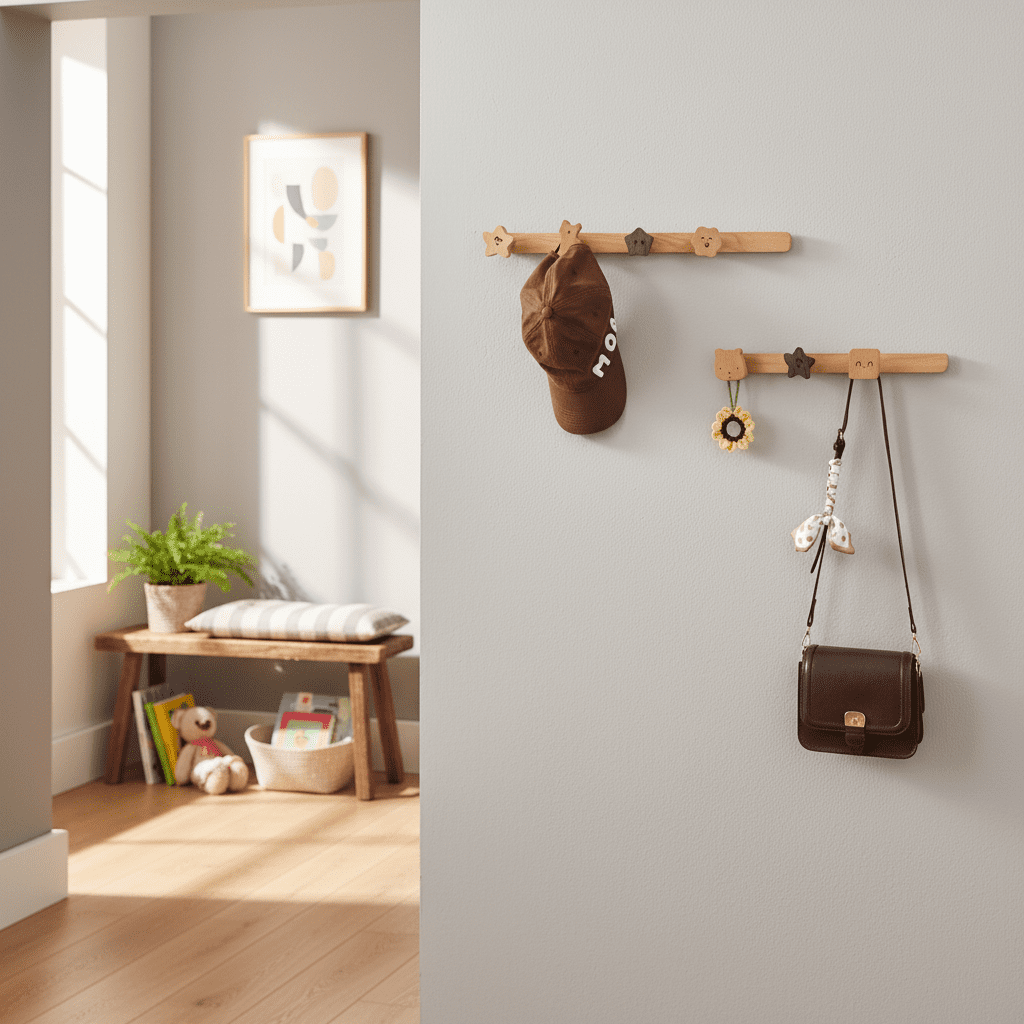 Porte-manteau mural bois massif - Crochets déco enfant couloir - Vue 7