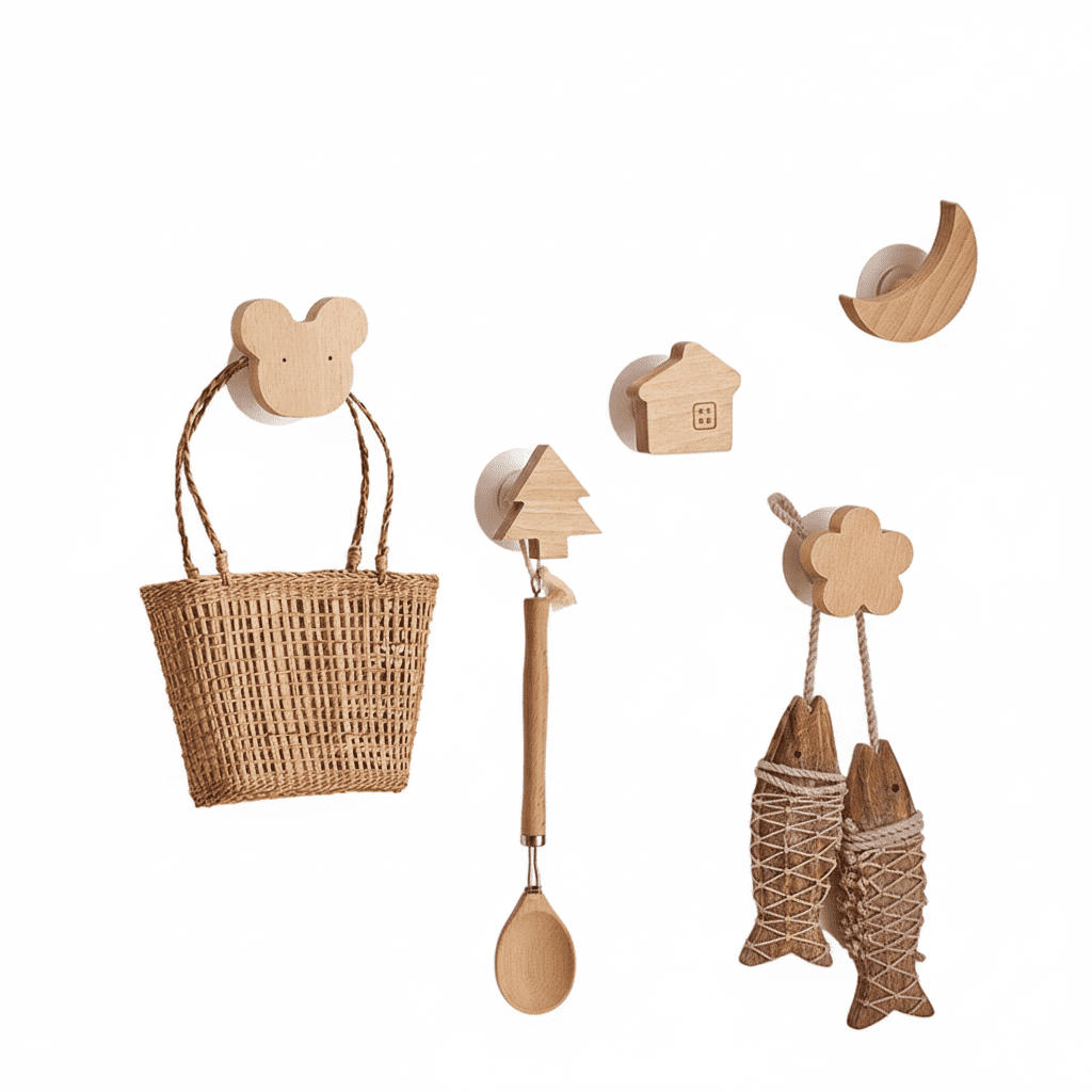 Crochets muraux bois animaux mignons - Porte-clés déco enfant - Vue 1