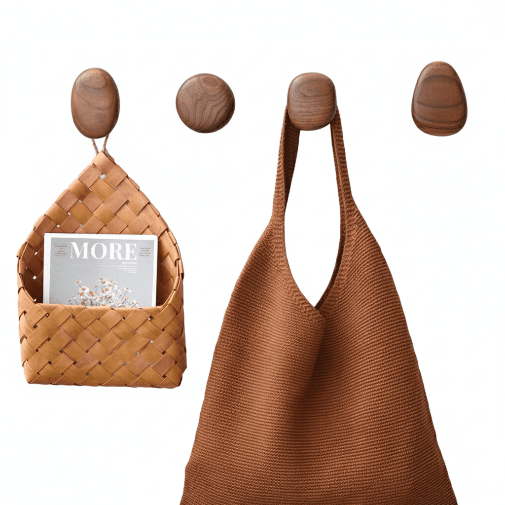 Poignée bois massif scandinave - Crochet mural vêtements galet - Vue 1