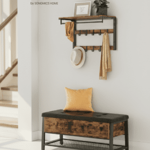 Porte-manteau Mural 3-en-1 : 10 Crochets, Barre, Étagère Industriel - Vue 1